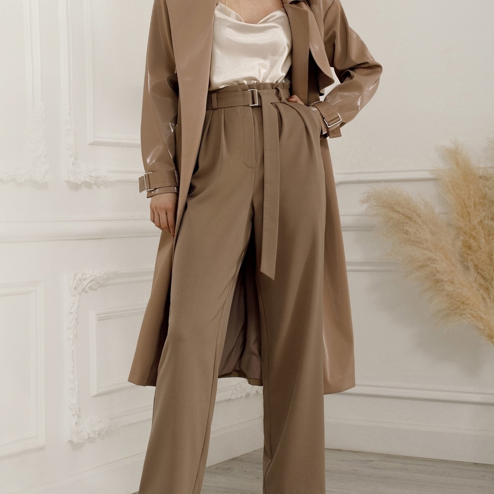 High-Waist Wide Leg Belted Pants - Brown - Picture 3 of 11